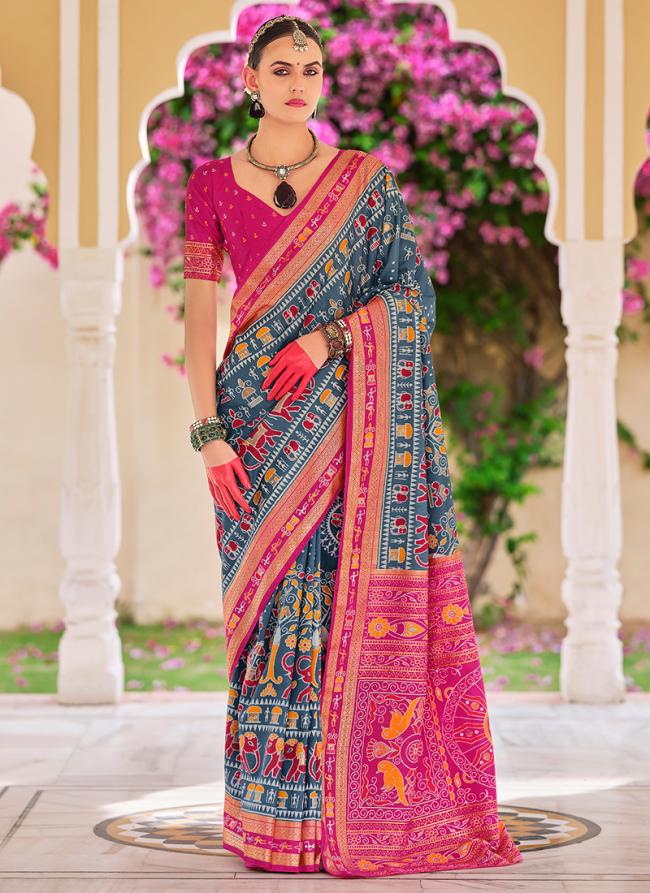 Silk Blue Traditional Wear Printed Saree